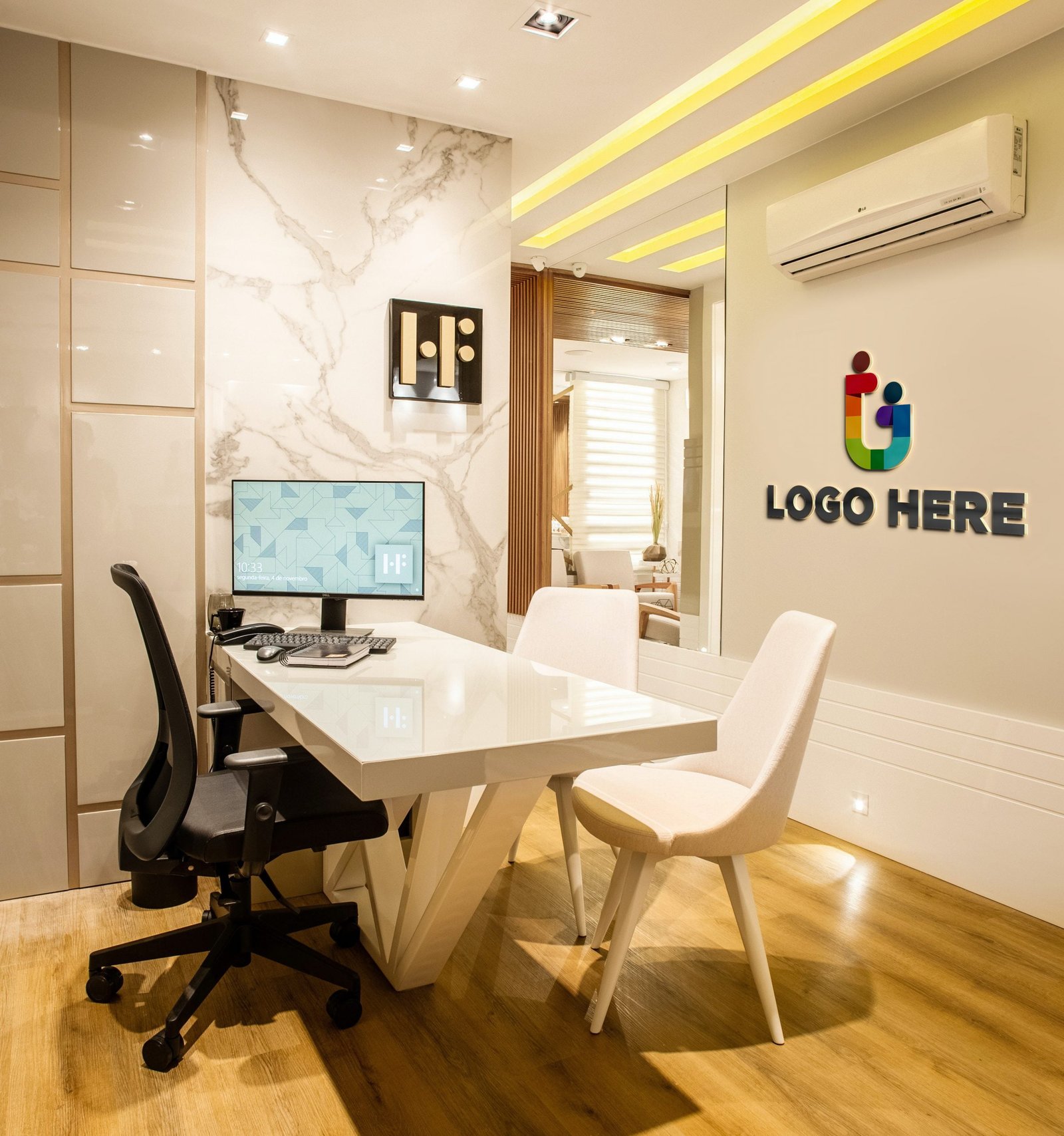Modern executive office interior featuring 3D corporate logo wall branding and professional desk setup in Uganda