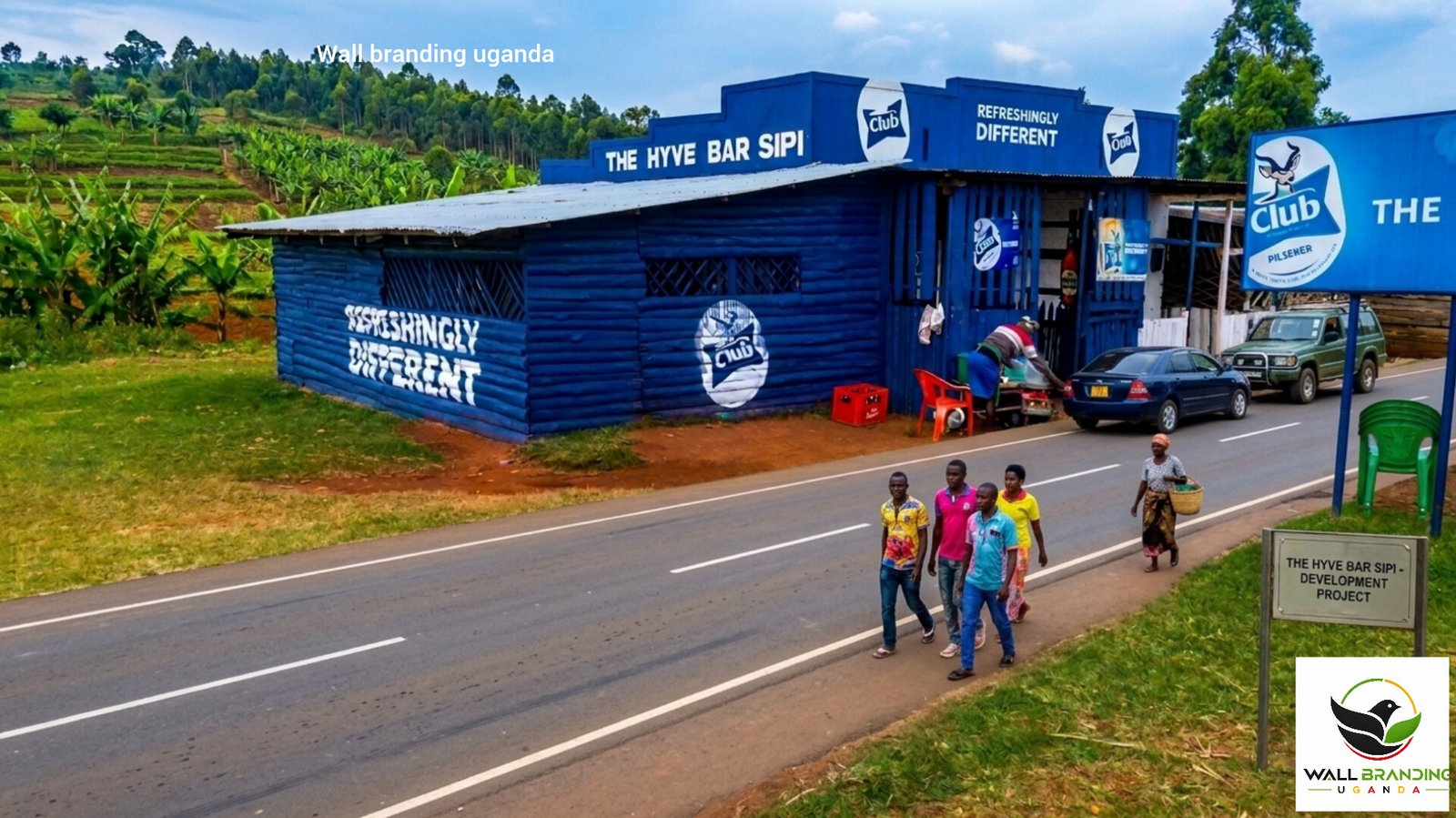 Exterior bar wall branding and painted advertising for The Hive Bar Sipi in Uganda