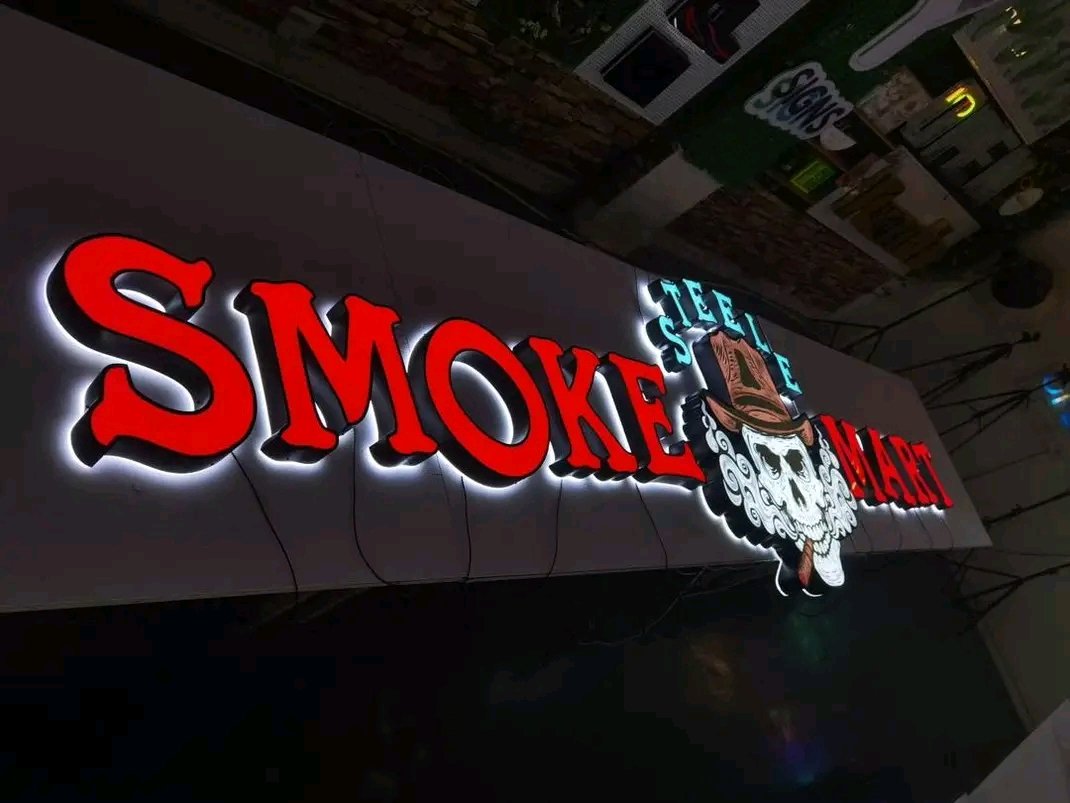 Red Face-Lit & White Halo-Illuminated Signage for Smoke Mart